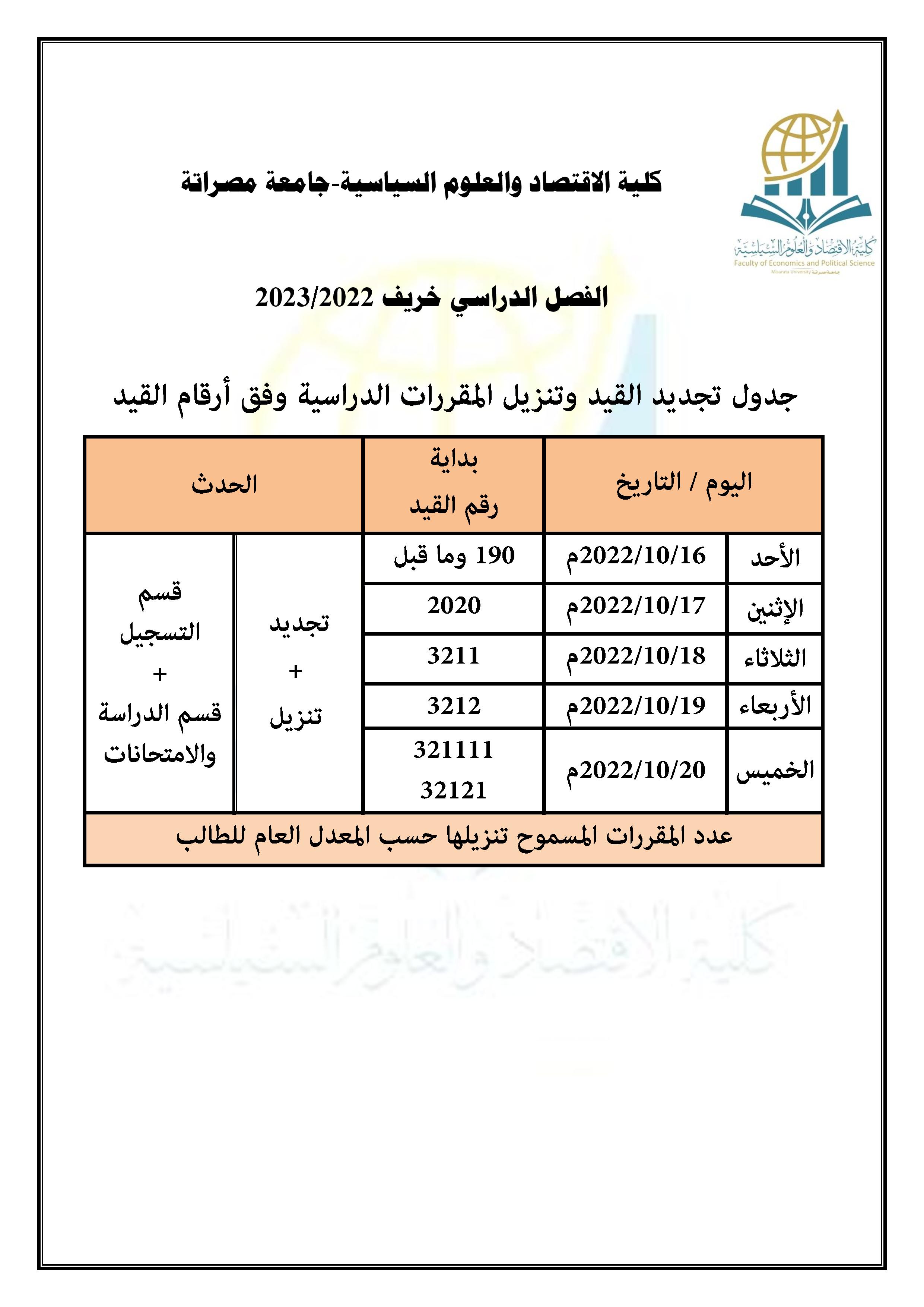 تجديد القيد وتسجيل المقررات الدراسية خريف 23/22
