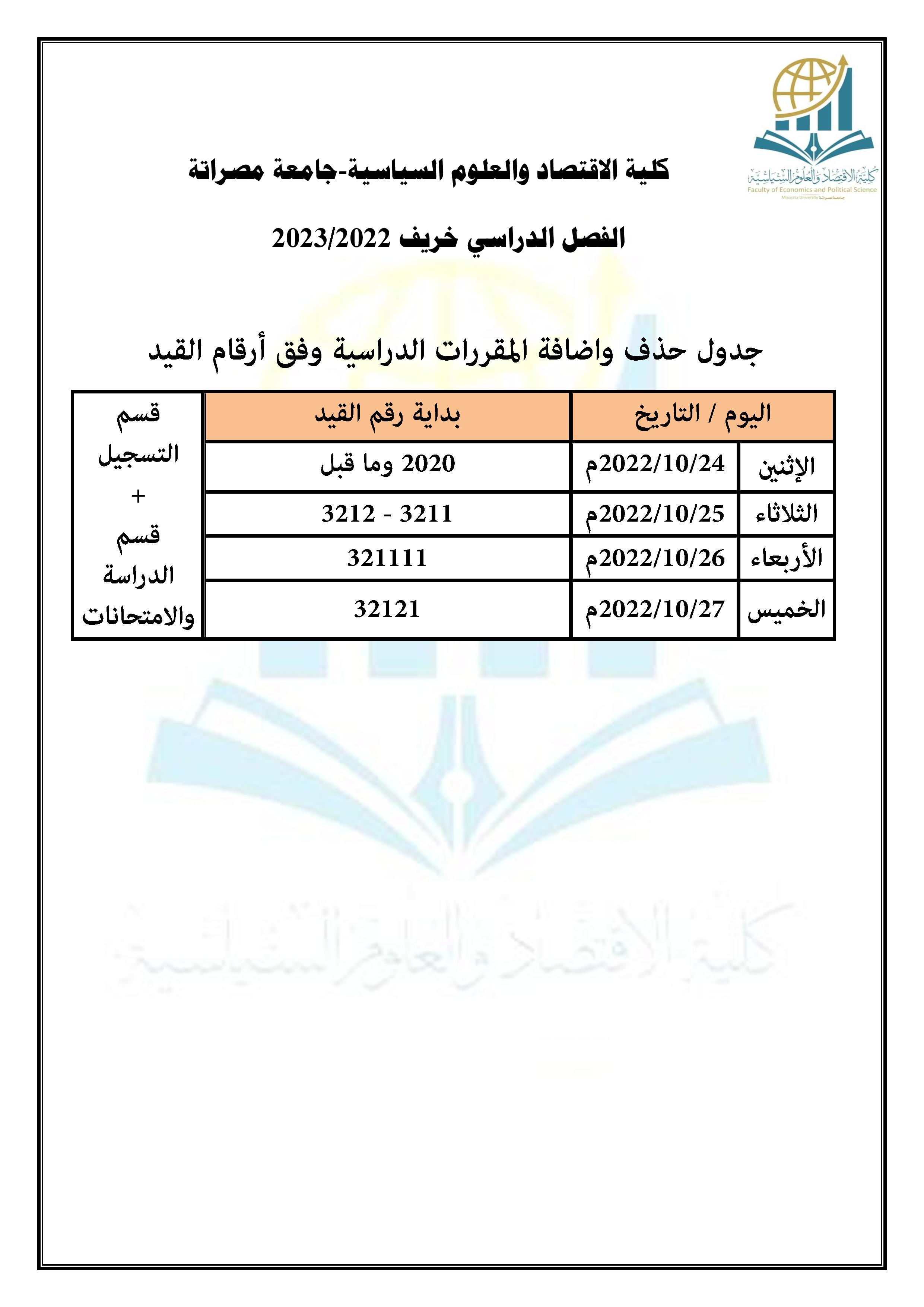 اضافة وحذف مقرر دراسي