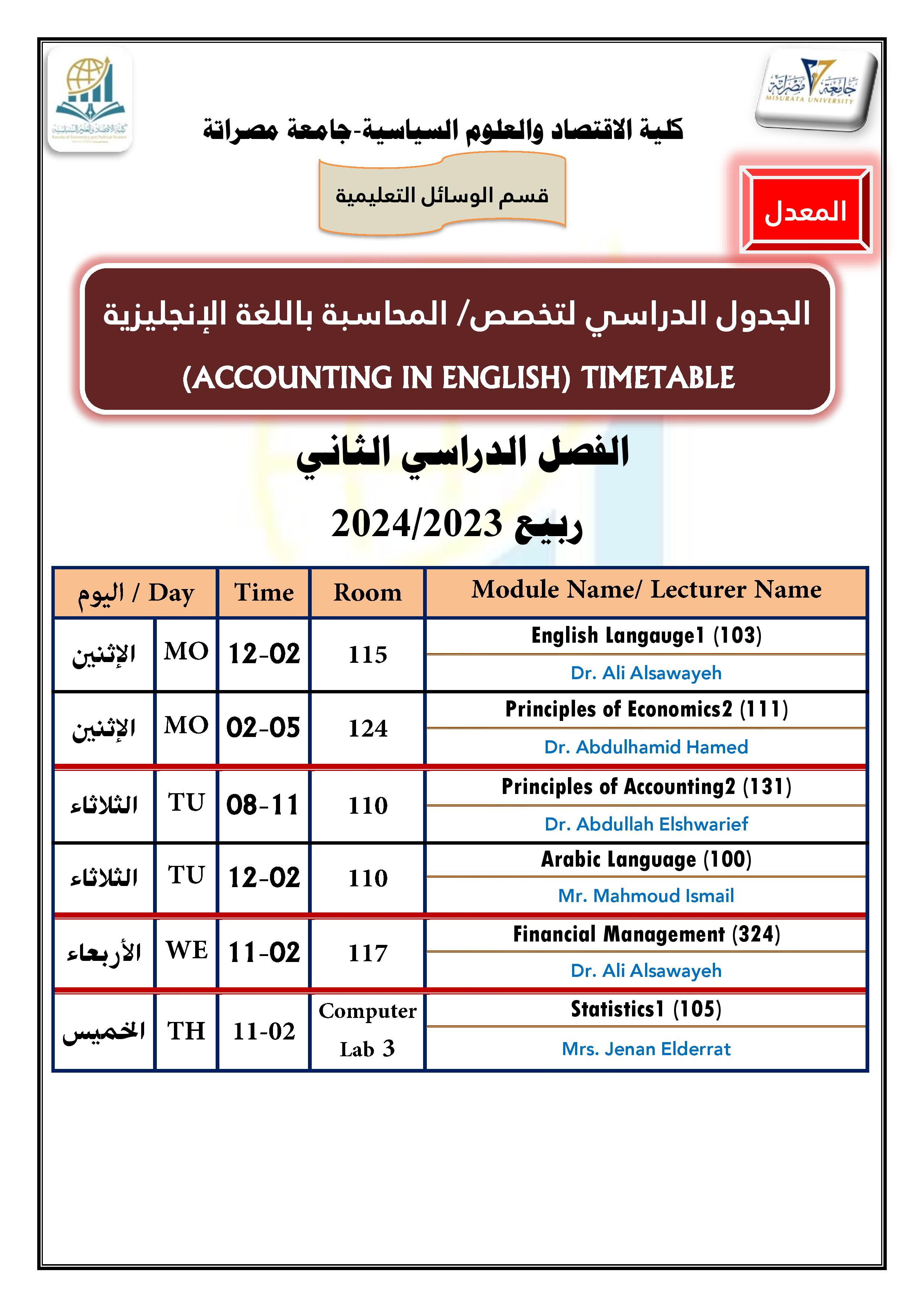 الجدول الدراسي لتخصص المحاسبة باللغة الإنجليزية