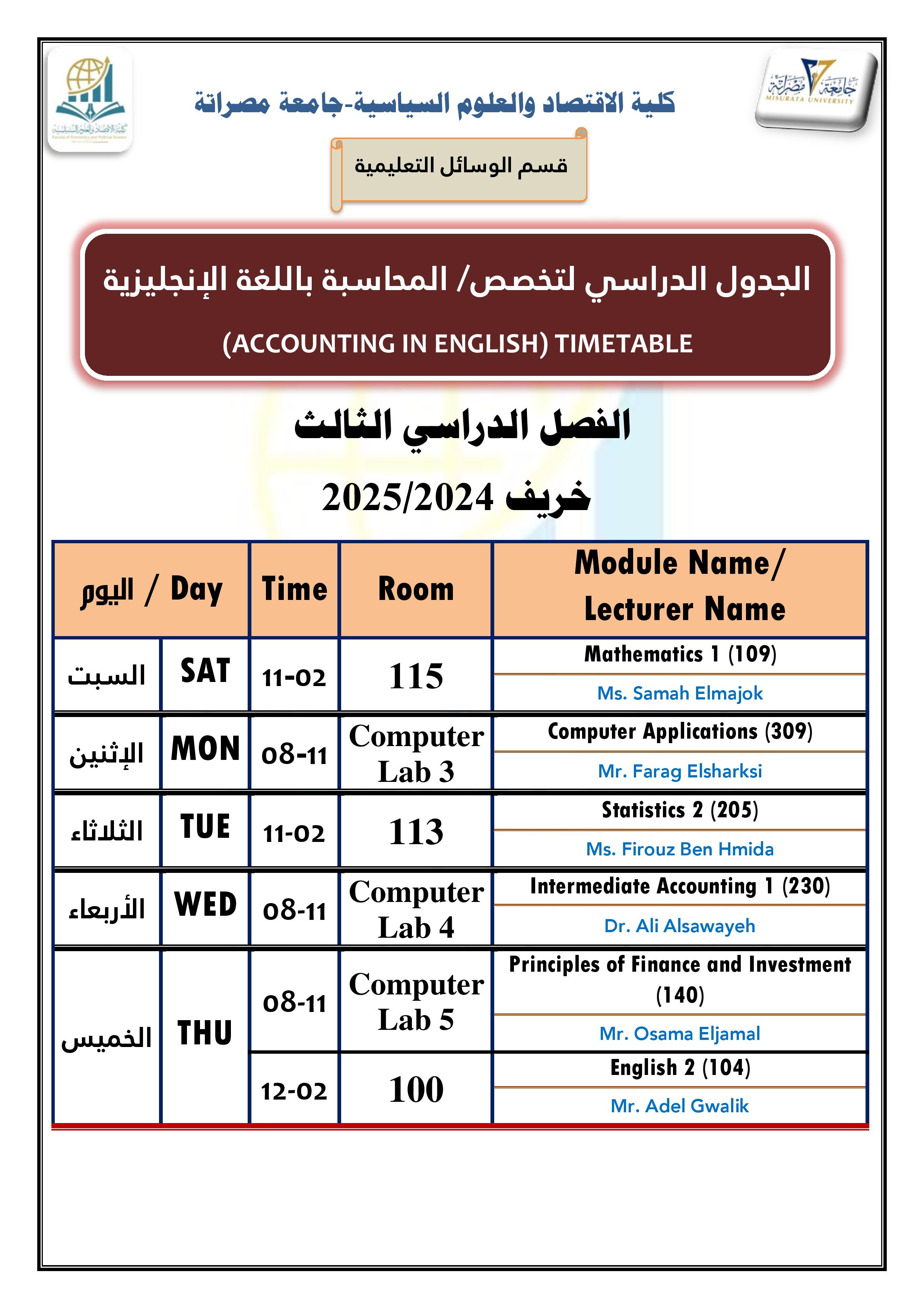 الجدول الدراسي-تخصص المحاسبة باللغة الإنجليزية (الفصل الدراسي الثالث)