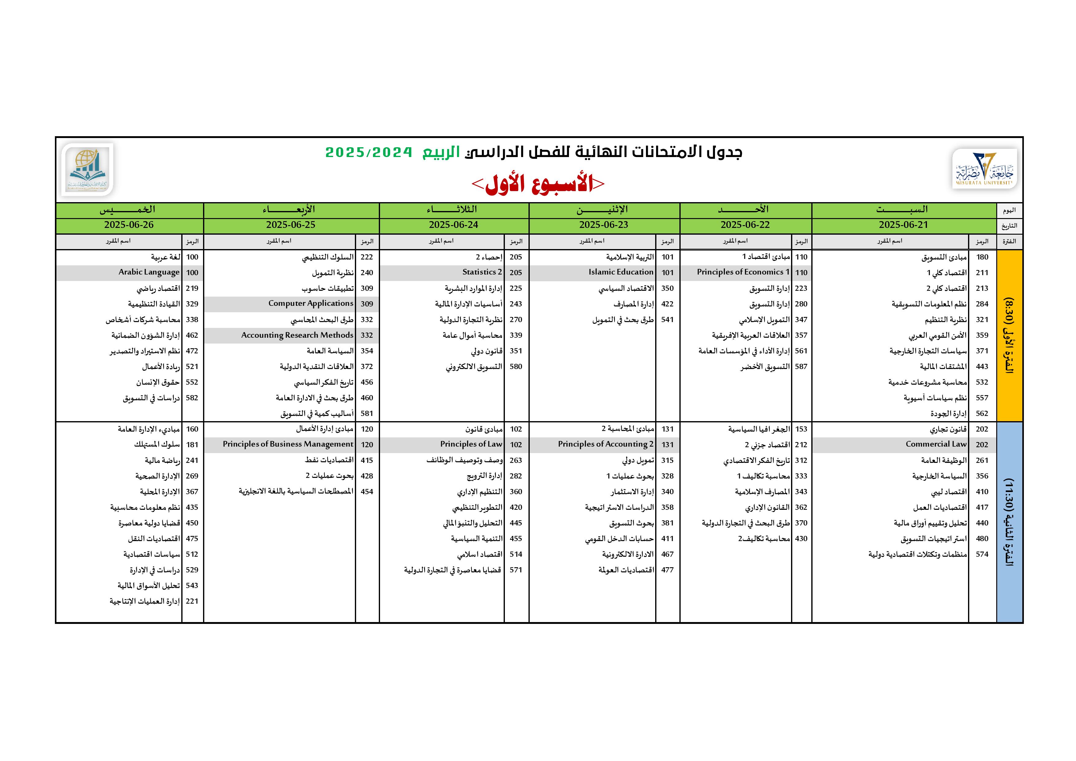 جدول الإمتحانات النهائية الأسبوع الأول - بكالوريوس ربيع 25/24