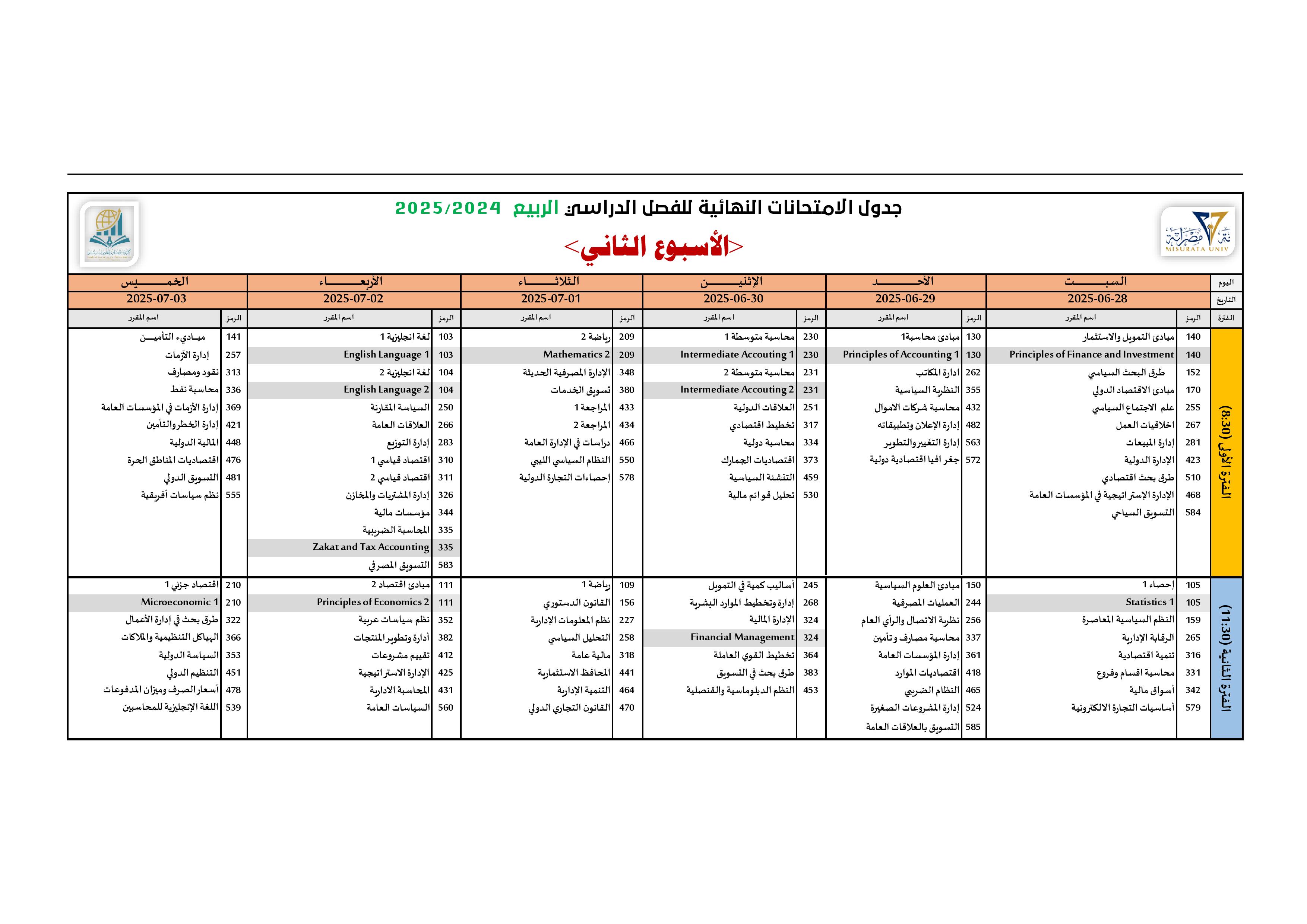 جدول الإمتحانات النهائية الأسبوع الثاني - بكالوريوس ربيع 25/24