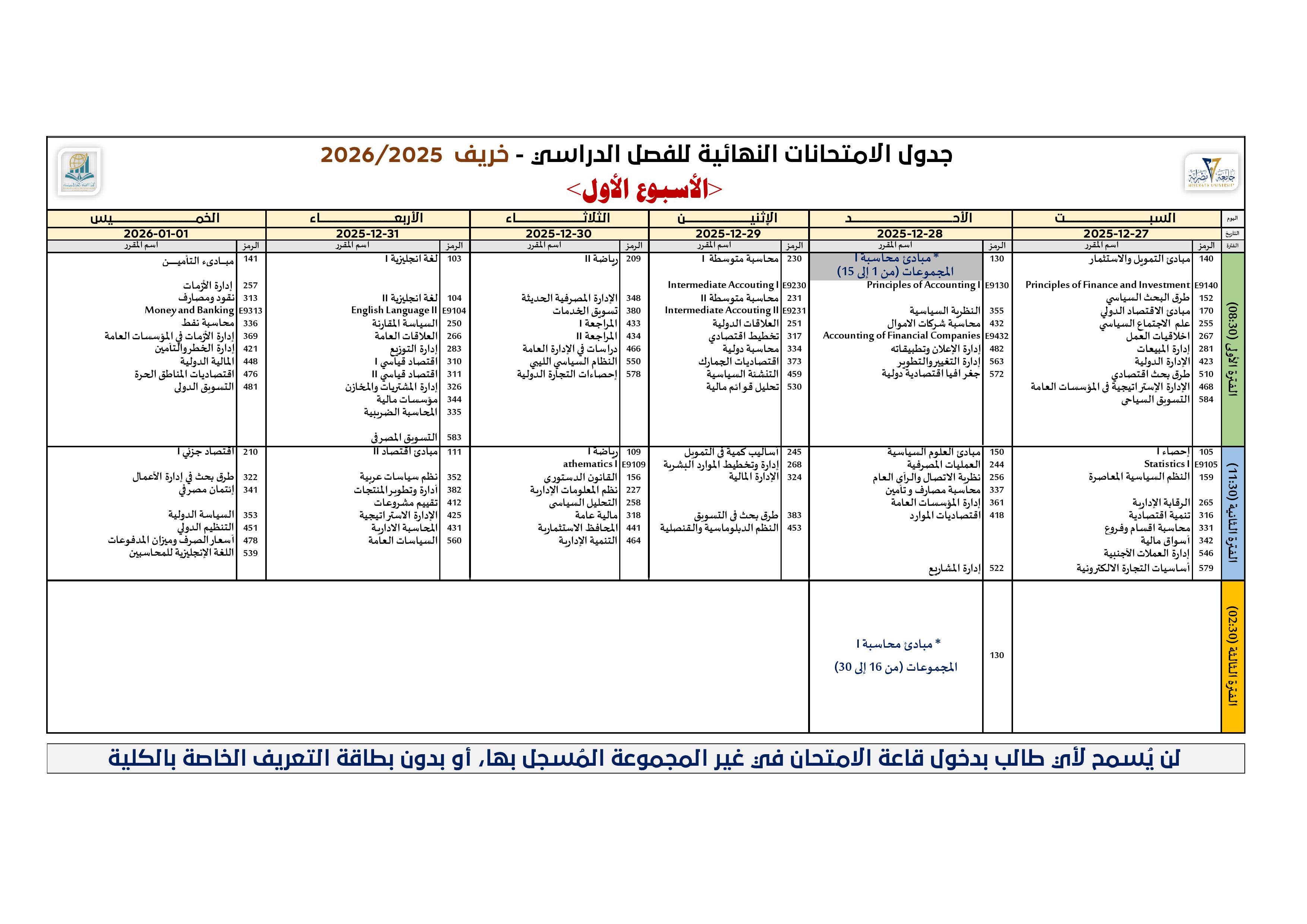 الامتحانات النهائية-بكالوريوس/الأسبوع الأول
