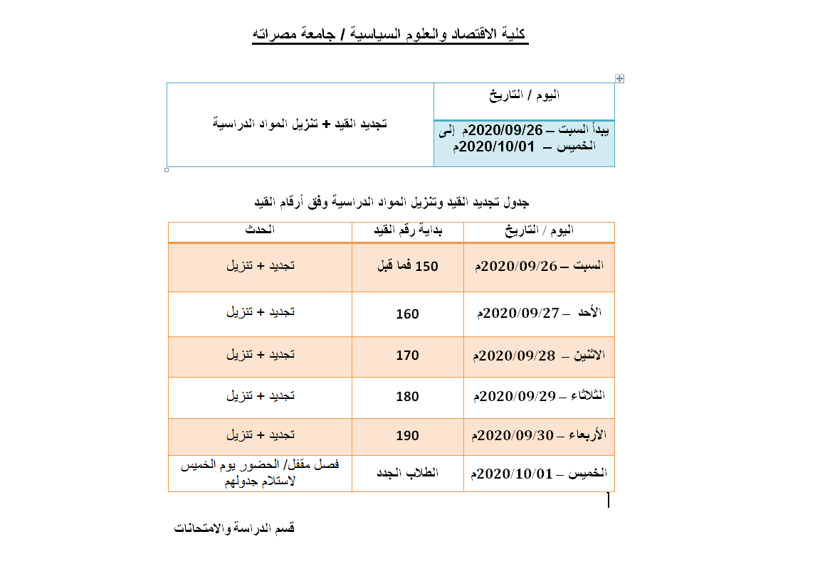 انطلاق إجراءات تجديد القيد وتنزيل المقررات الدراسية لطلبة الكلية